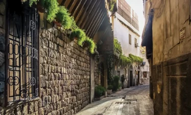 A narrow, sun-drenched cobblestone street in Old Damascus lined with ancient stone buildings featuring wrought-iron window grilles, overhanging wooden eaves, and vibrant green plants cascading from balconies.