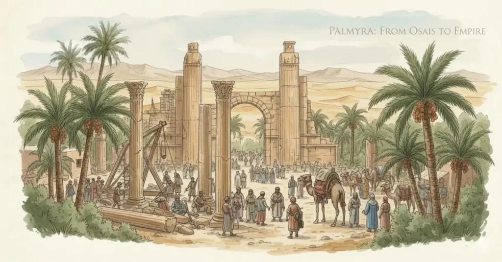A watercolor sketch showing the transition of Palmyra from an oasis to a stone city, with ancient workers using a wooden crane to lift limestone columns near palm trees and merchant caravans.