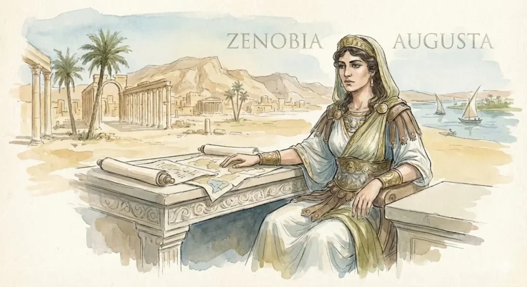A watercolor sketch of Queen Zenobia Augusta of Palmyra sitting at a desk with an ancient map, with the city's Colonnade and the Euphrates River in the background.