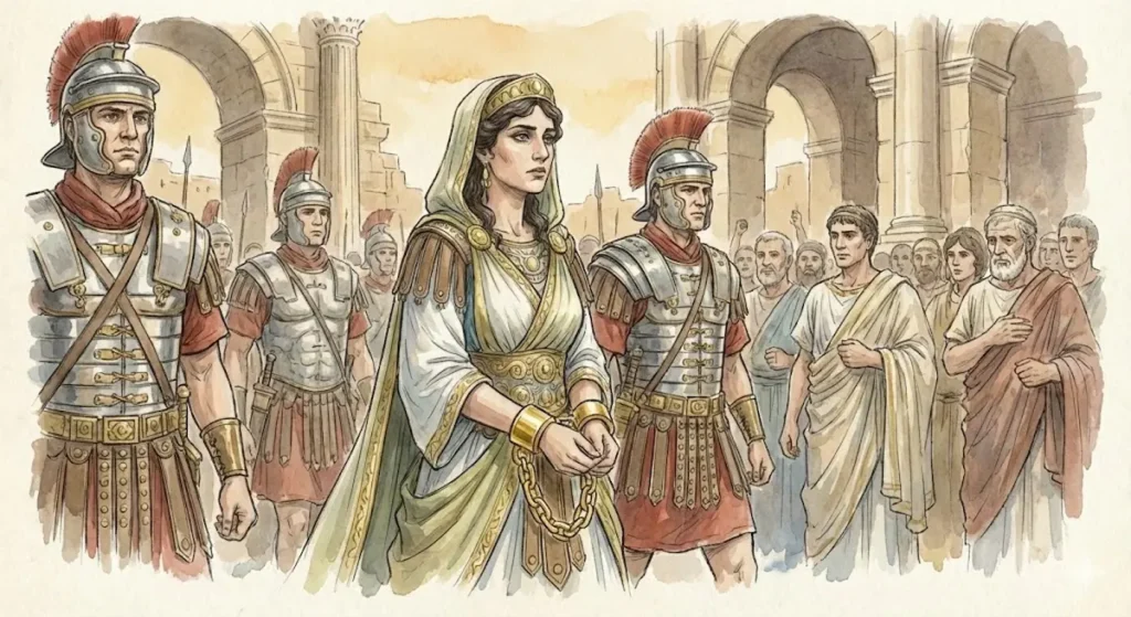 A watercolor illustration of Queen Zenobia of Palmyra in golden chains, being led through the streets by Roman soldiers after the fall of her empire.