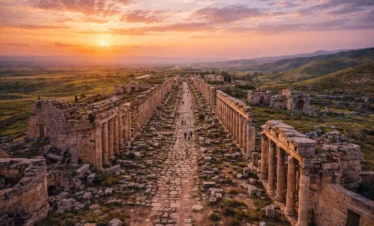 An elevated, wide-angle view of a long, ancient stone-paved street lined with weathered Roman columns, stretching toward a glowing sunset over a vast green valley.