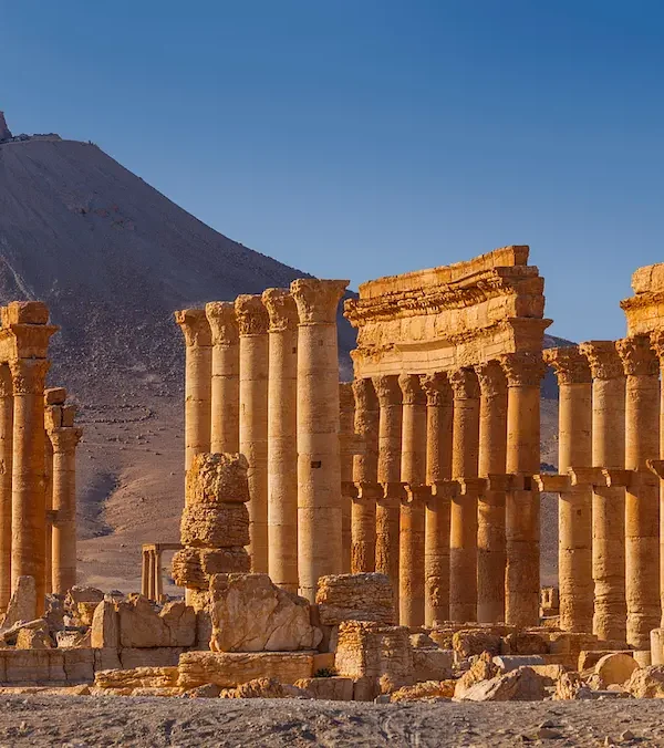Golden-hued Roman columns and ruins of the ancient city of Palmyra in the foreground, with the hilltop Fakhr-al-Din al-Maani Castle (Qala'at Shirkuh) overlooking the site in the background.