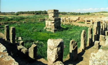 An ancient Phoenician temple site featuring a central stone altar (naos) surrounded by a large, grassy basin and a perimeter of weathered stone pillars under a clear blue sky.
