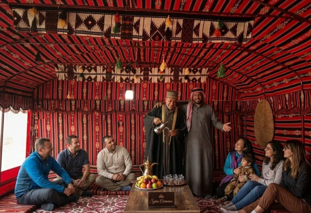 Two Syrian Bedouin men in traditional dress welcoming a group of international travelers with coffee inside a vibrant red and black patterned tent in Palmyra.