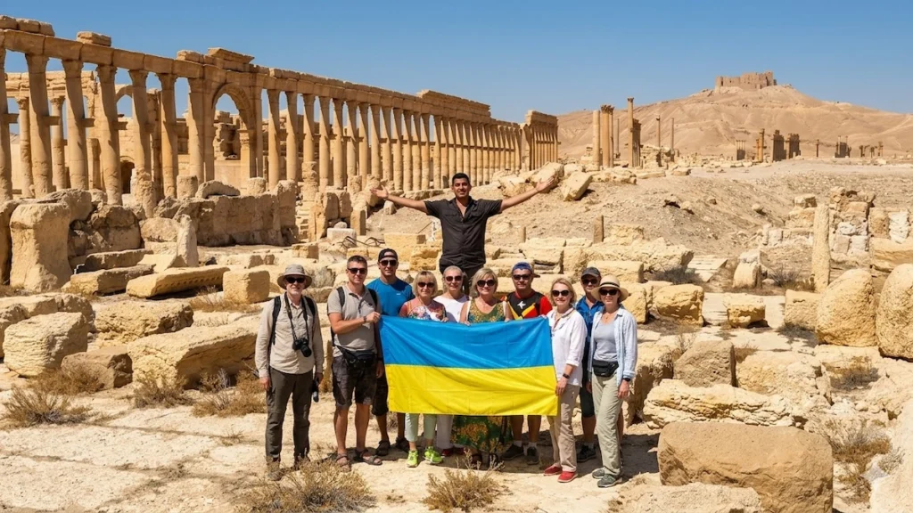 A diverse group of tourists holding a large Ukrainian flag and a man with arms outstretched pose in the center of the ancient Roman ruins of Palmyra, Syria.