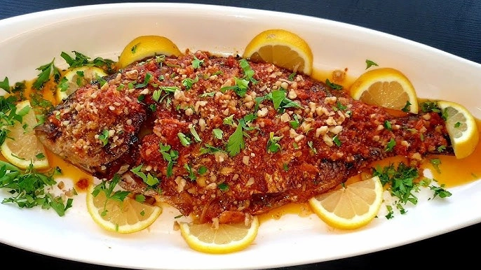 A close-up, top-down view of a whole baked fish served on a white platter, generously topped with a bold, red spicy sauce made from peppers, tomatoes, and walnuts, garnished with fresh parsley and lemon slices.
