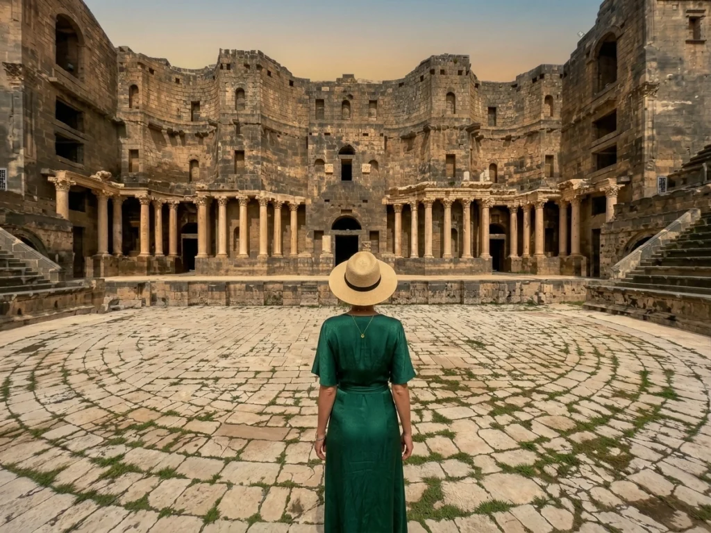 A female traveler with Syria Caravans, wearing a green dress and a sun hat, stands alone in the center of the vast, ancient Roman amphitheater in Busra Sham during sunset, viewed from behind looking towards the stage.