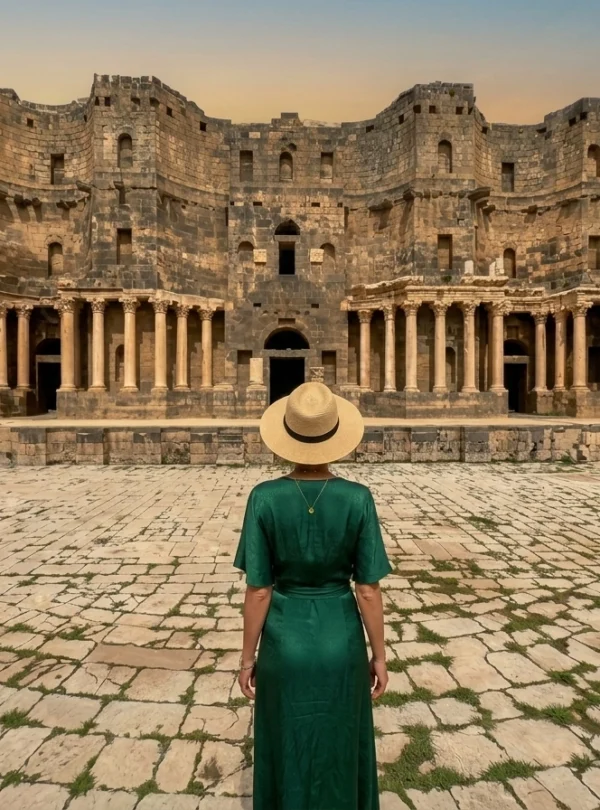 A female traveler with Syria Caravans, wearing a green dress and a sun hat, stands alone in the center of the vast, ancient Roman amphitheater in Busra Sham during sunset, viewed from behind looking towards the stage.